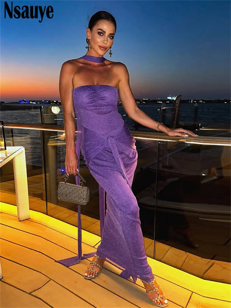 Nsauye Women Chic Sexy Strapless Night Club Evening Party Summer Dress 2025 Maxi Bodycon Elegant Off Shoulder High Waisted Dress