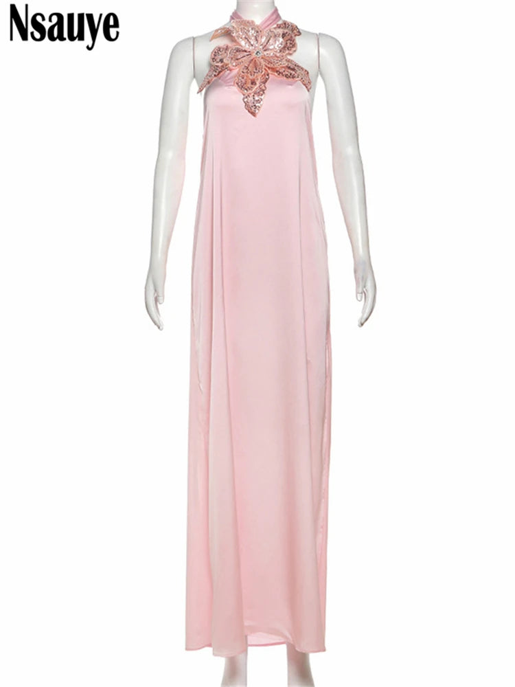 Nsauye 2025 New Aesthetic Flower Dress Women Long Fashion Summer Halter Beach Satin White Night Club Sexy Party Dress Outfits