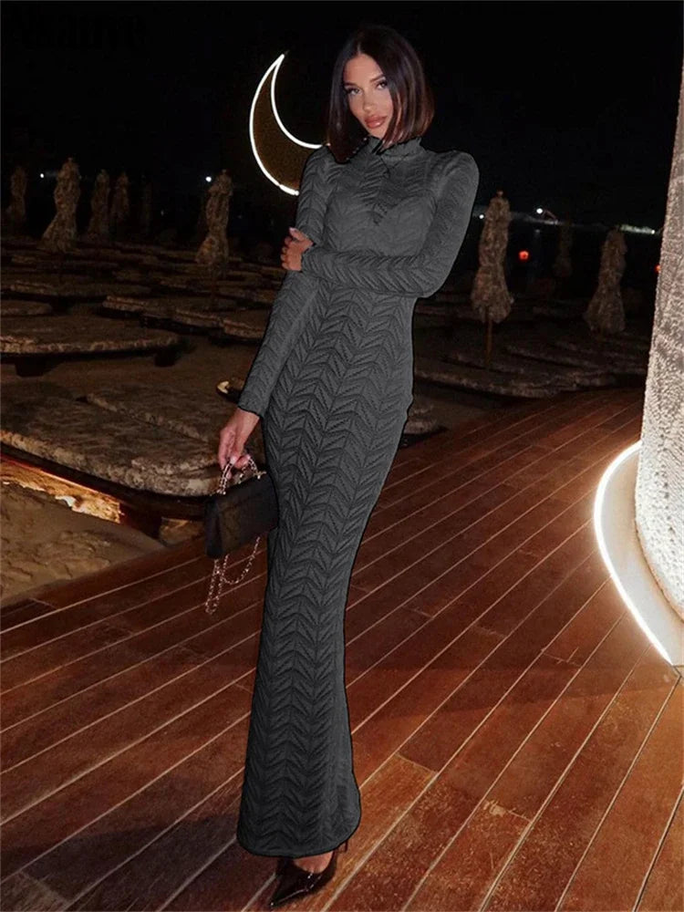 Nsauye Long Sleeve Turtleneck Long Dress Solid High Waist Winter Elegant Women Bodycon Sexy Evening Party Clothes Dress New 2024