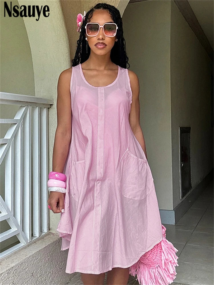 Nsauye 2025 Summer Women A-Line Loose Fashion Sexy Club Evening Party Dress Short Pink Pullover Casual Tank Vest Dress Outfits