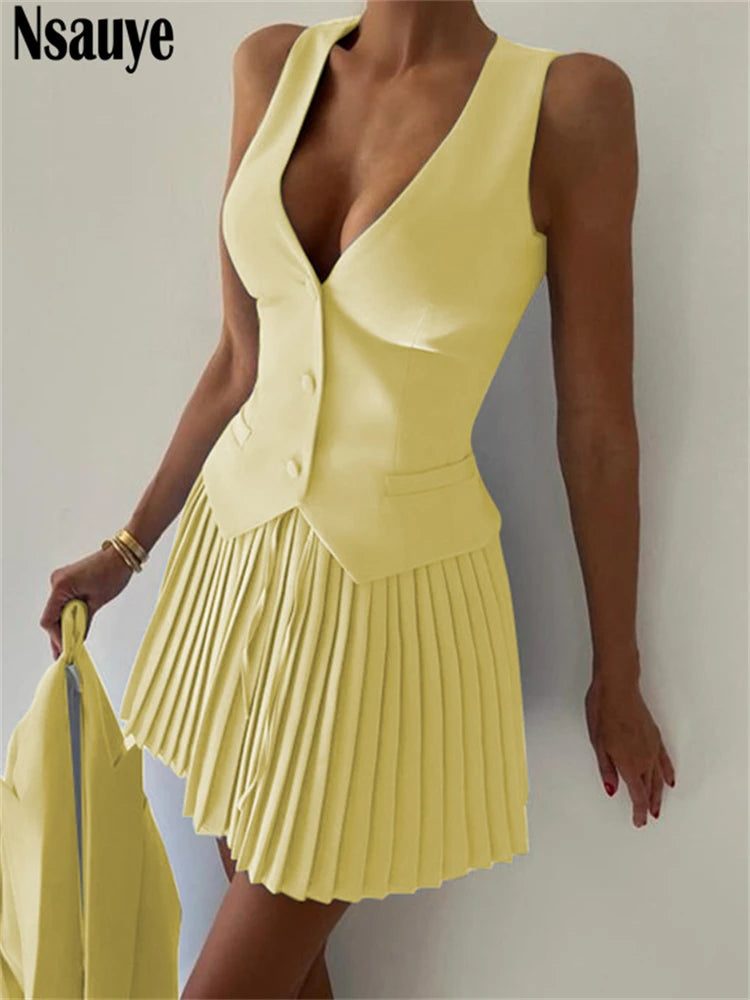 Nsauye Women Sexy Sleeveless Party Club Blazer Vest Tops And Mini Elegant Pleated Skirt Fashion Dress Summer Two Piece Set 2024