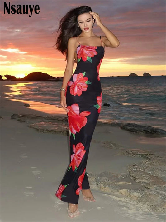 Nsauye 2025 Summer New Backless Sexy Sleeveless Spaghetti Strap Long Bodycon Dress Beach Party Club Floral Print Women Dress