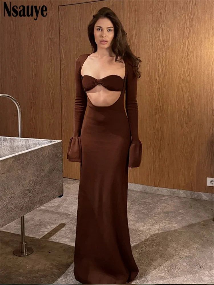 Nsauye Sexy Hollow Out Long Flare Sleeve Wrap Long Dresses Club Party Evening Women Elegant Maxi Dress Night Club Winter 2023