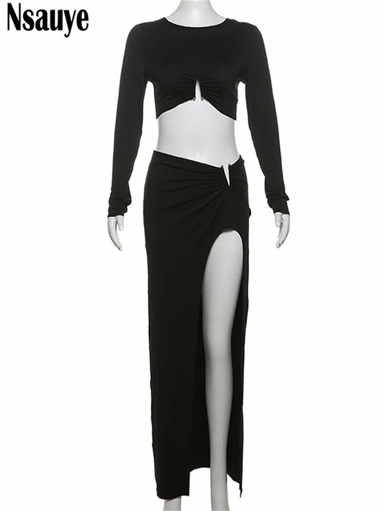 Nsauye Long Sleeve Women Tops Sexy Evening Party Night Club Party Elegant Skirt Long High Split Dress Two Piece Set 2024 Autumn