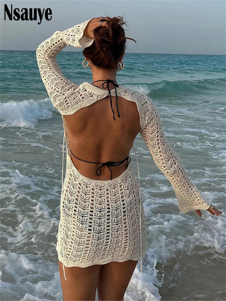 Nsauye Long Sleeve Blue Hollow Out Knitted Summer Women Club Dress Bodycon O Neck Backless Party Fashion Mini Sweater Dresses