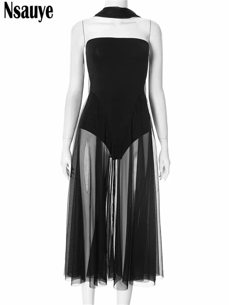 Nsauye Vintage Dress For Women Long Vestidos Sexy Halter Elegant 2025 Night Club Clothes Outfits Evening Party Luxury Dresses