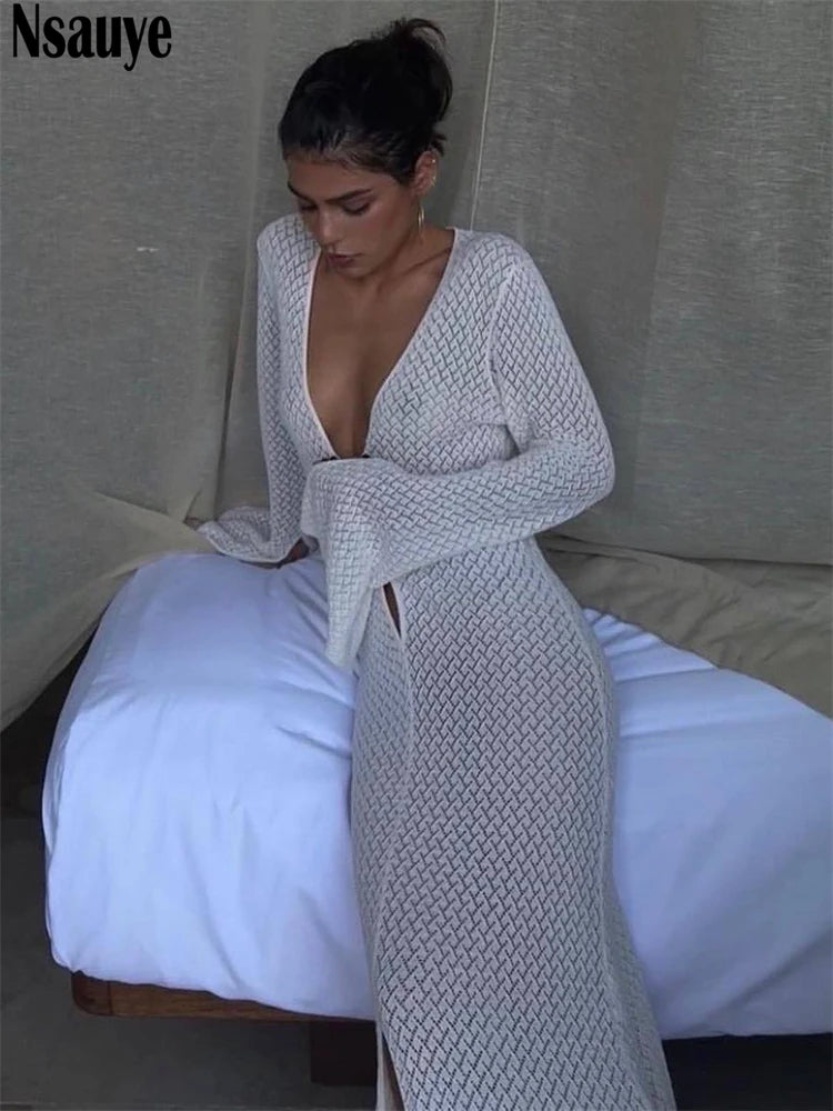 Nsauye Fashion Elegant Sexy Women V Neck Long Sleeve Beach Summer Maxi Dresses Party Holiday Hollow Out Long Dress Women 2022
