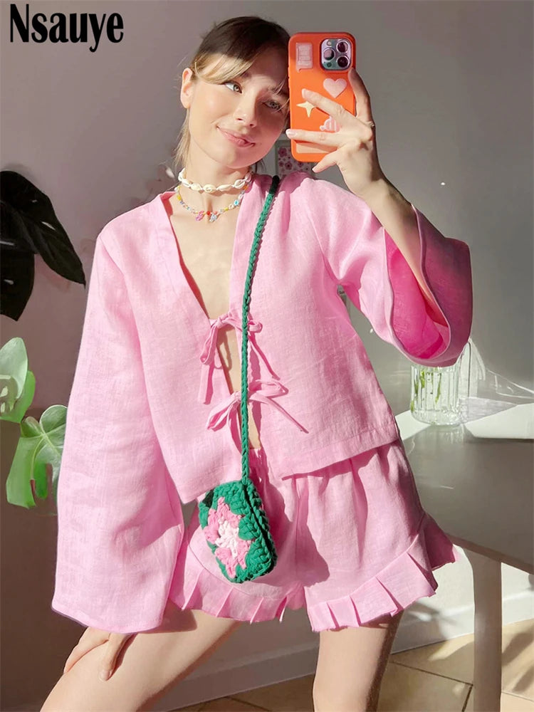 Nsauye Summer 2025 Casual Shorts Women Tracksuit Shorts Two Piece Set Outfits Sexy Strap Cardigans Tops Mini Beach Sexy Shorts