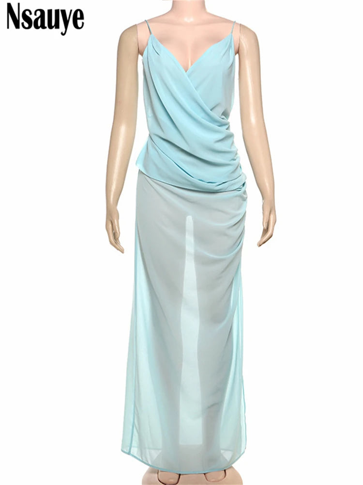 Nsauye Women 2025 Summer New Spring Elegant Sexy Ladies Party Club Birthday Dress Holiday Beach Low Cut Out Sleeveless Dresses