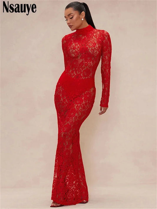 Nsauye Female Chic Fashion Women Elegant Sexy Hollow Out See Through Maxi Dress Long Sleeve Evening Party Club Dress 2024 Outfit
