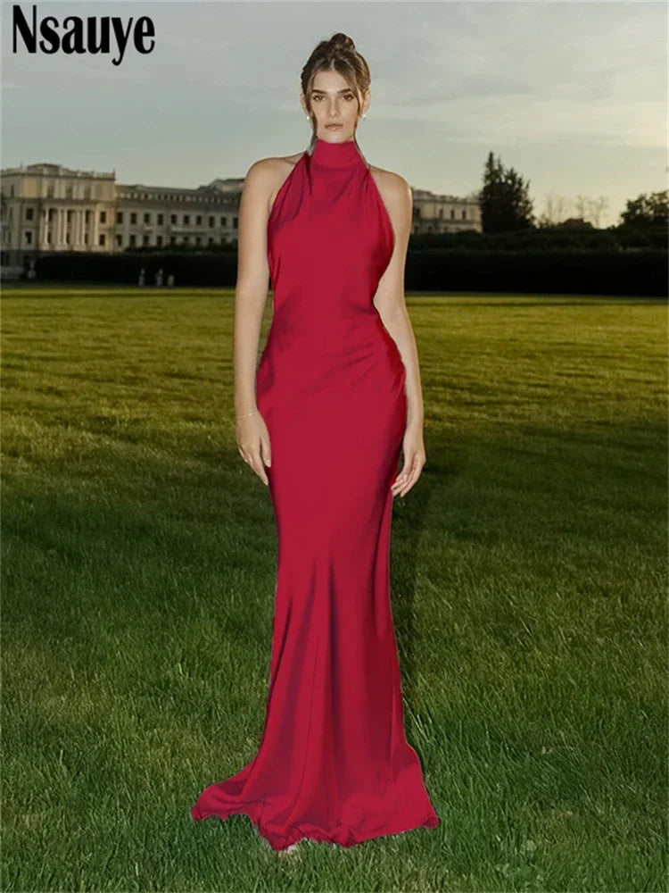 Nsauye Backless Elegant Party Dress For Women Sexy Satin Sleeveless Bodycon Vintage Holiday Long Night Club Halter Dress 2024