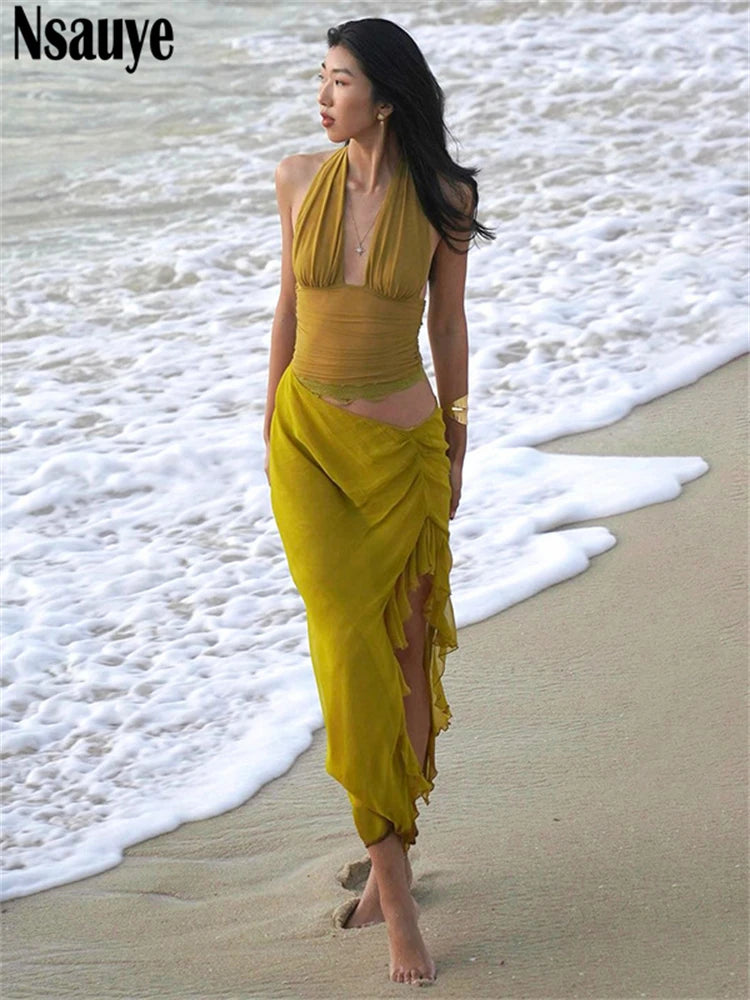Nsauye Low Waisted Cut Out Women Fashion Mesh Halter Summer Ruffles Beach Dress Long 2025 Sexy Off Shoulder Party Club Dress