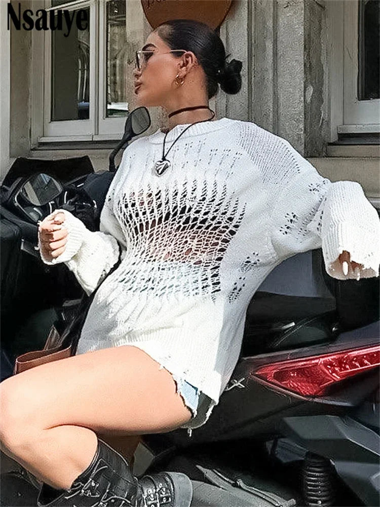 Nsauye Pullover Sexy Long Sleeve Women Night Club Knitted Fashion Y2K Party Evening Dress 2024 White Winter Casual Holiday Dress