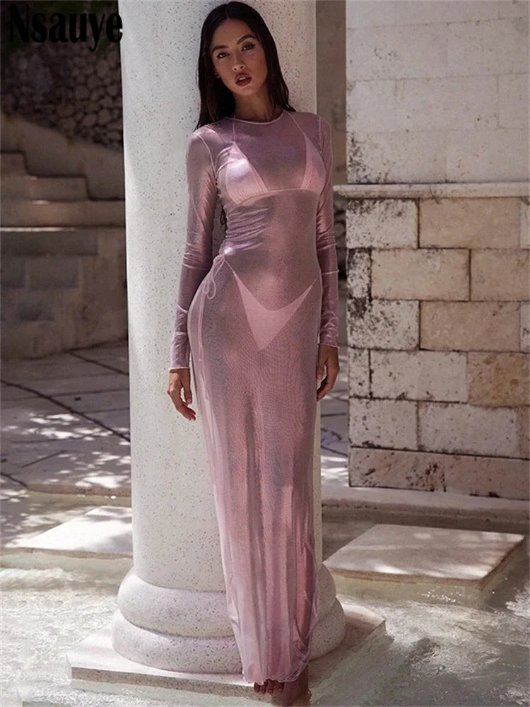 Nsauye Women Elegant Club Sexy Party Night Club Long Sleeve Dress Fashion Evening Holiday Autumn Chic Maxi Beach Mesh Dress 2024
