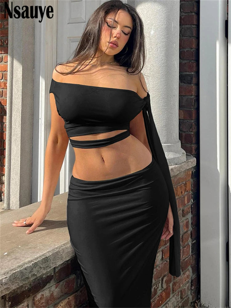 Nsauye 2025 Summer Women Off Shoulder Vest Crop Tops Night Club Long Skirt 2 Piece Set Party Fashion Sexy New In Matching Sets