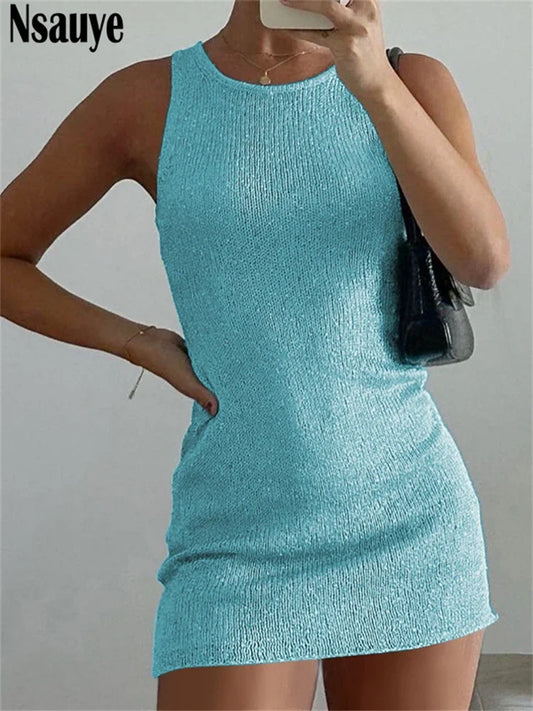 Nsauye Casual Summer Pullover Knitted Y2K Sweater Dress Wrap Women Mini Fashion New Sexy Club Basic Evening Party Dress Outfits