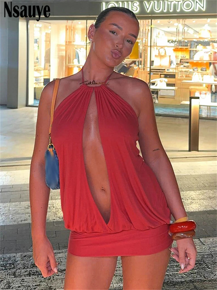 Nsauye Evening Party Short Dress Elegant Women Summer Clothes Outfits Halter Low Cut Out Casual Beach Sexy Night Club Dress 2025