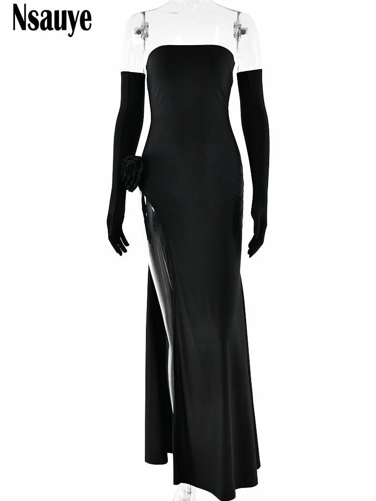 Nsauye Women Long High Split New Fashion Elegant Sexy Dress Evening Night Club Party Maxi Bodycon Summer Strapless Dress 2024