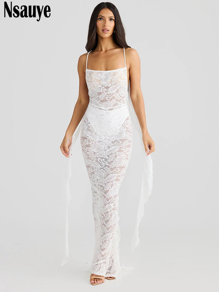 Nsauye Dress Lace Long Sexy Sleeveless Summer Women Clothing Fashion Backless See Through Bodycon Evening Party Elegant Dress