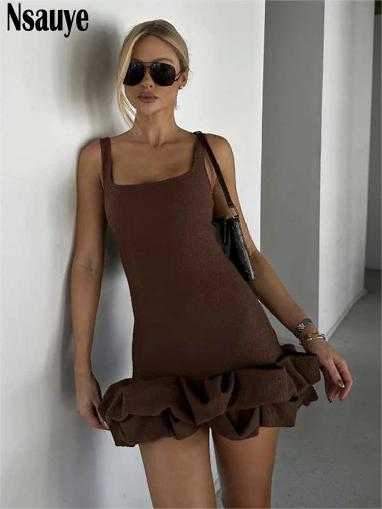 Nsauye Summer 2025 Mini Bodycon High Waisted Chic Elegant Sexy Basic Dress Women Short Ruffles Night Club Dress Evening Party