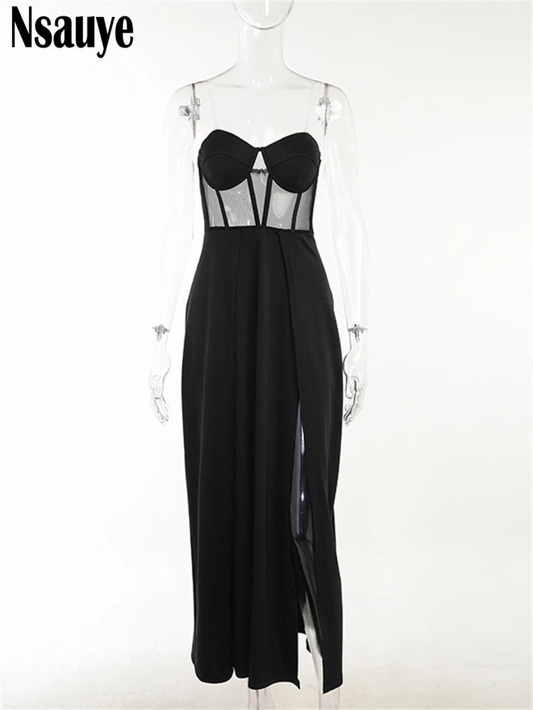 Nsauye 2022 Fashion Patchwork Women Off Shoulder Black Split Party Long Dress Sexy Backless Elegant Evening Bodycon Maxi Dresses