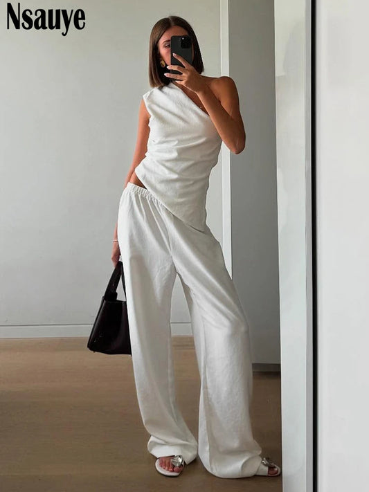 Nsauye Summer Casual Women Fashion Tracksuit Pants Two Piece Set White Hollow Out Backless Skinny Tops Long Pants Sexy Set 2025