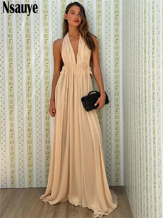 Nsauye Sexy Women Halter Maxi Night Club Elegant Pleated Dress Low Cut Out Backless Long Evening Party Fashion A-Line Dress 2025