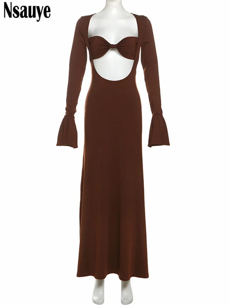 Nsauye Sexy Hollow Out Long Flare Sleeve Wrap Long Dresses Club Party Evening Women Elegant Maxi Dress Night Club Winter 2023