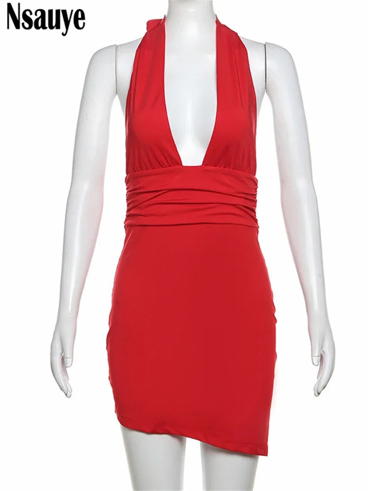 Nsauye Summer Beach Casual Backless Red Mini Wrap Ladies Fashion Clothes Dress 2024 Elegant Sexy Party Club Night Halter Dress