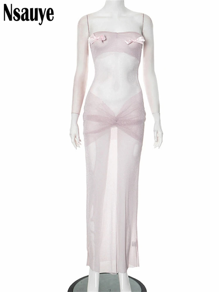 Nsauye Sexy Women Backelss Strapless Bow Glitter Long Dress Sleeveless Elegant Dress Boydycon Vestidos Summer 2025 Party Club