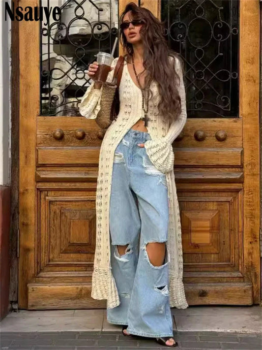 Nsauye Sexy Beach Knitted Casual Holiday Maxi Cardigans Dress Party Club Autumn Summer 2024 Fashion Hollow Out Long Sleeve Dress