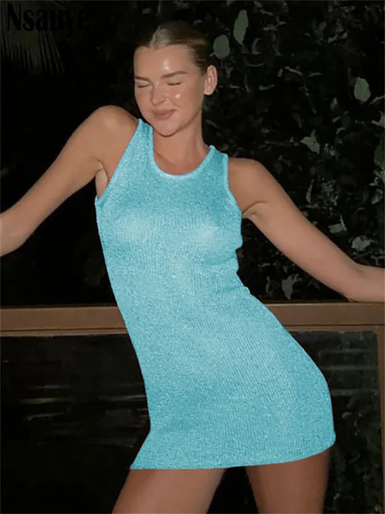 Nsauye Casual Summer Pullover Knitted Y2K Sweater Dress Wrap Women Mini Fashion New Sexy Club Basic Evening Party Dress Outfits