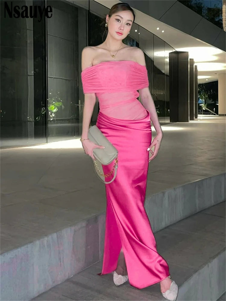 Nsauye Female Sexy Low Wasited Night Club New Fashion Satin 2025 Chic Vestidos Dress Women Party Elegant Long Holiday Dresses