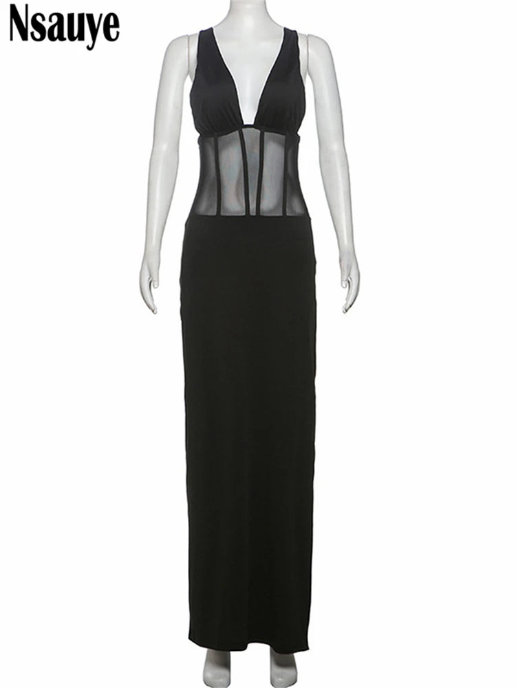 Nsauye Women Sexy Low Cut Out Black Long Bodycon See Through Corset Dress Backless Fashion Club Summer Party Evening Dress 2025