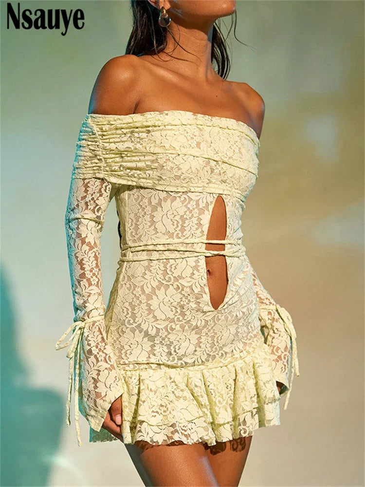 Nsauye Women Sexy Ruffles Chic Lace Hollow Out Long Sleeve Dress Mini Holiday Party Clubwear Fashion Elegant Dress Autumn 2024