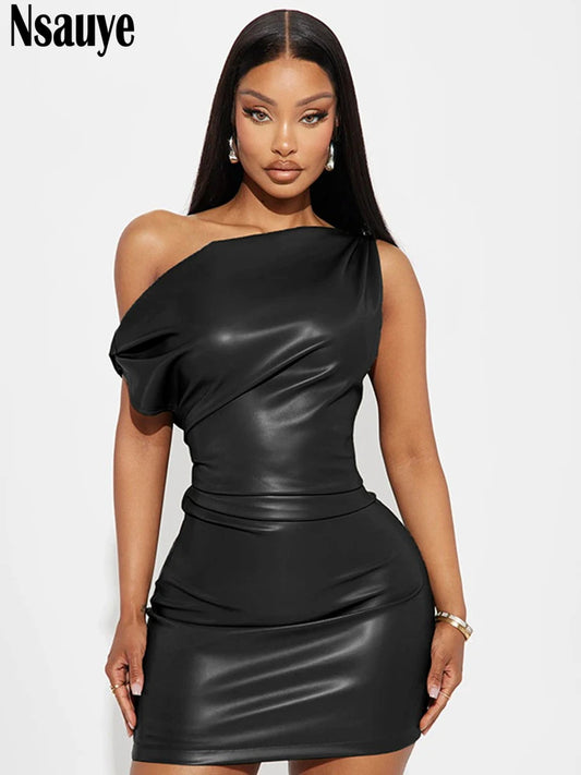 Nsauye Women Fashion New Party Elegant Bodycon 2025 Elastic Trend Dress Sexy Evening Party Leather Summer Night Club Dresses
