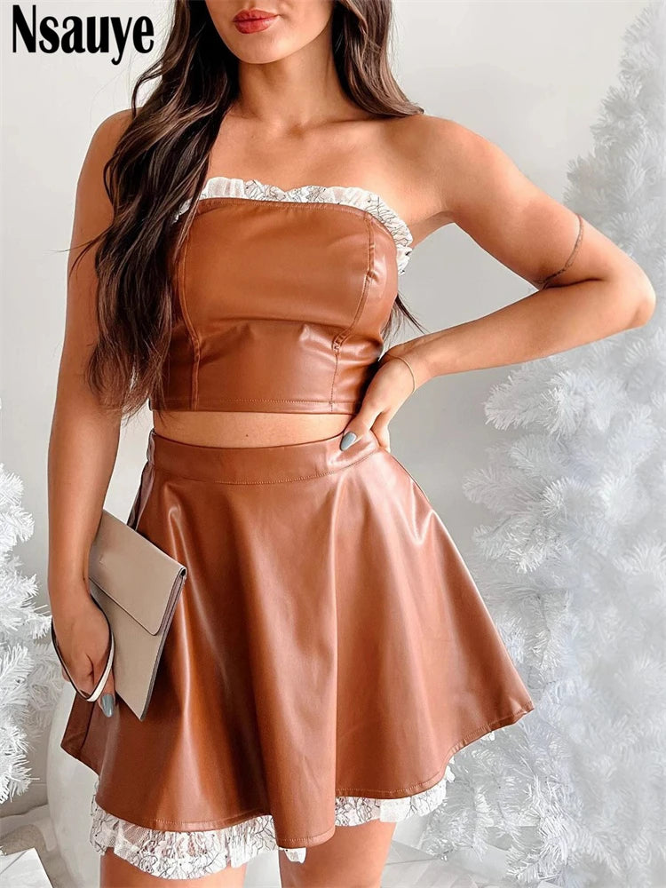 Nsauye Women Sexy Night Club Mini Leather Streetwear Vest Crop Tops Summer A-Line Short Party Fashion Skirt Two Piece Set 2025