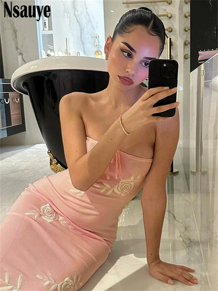 Nsauye Sexy Off Shoulder Fashion Elegant Maxi Bodycon Women Dress 2024 Summer Pink Evening Holiday Party Night Club Dress Maxi