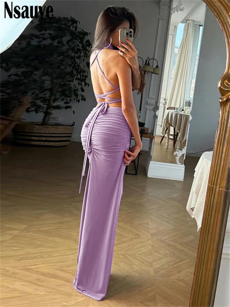 Nsauye Elegant Dress Women Chic Fashion Summer Clothes Outfits Off Shoulder Sexy Evening Party Clubwear Long Maxi Dress Lace Up