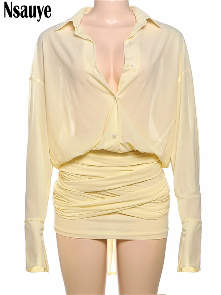 Nsauye Sexy Women New Elegant Evening Party Night Club Dress Bodycon Long Sleeve 2025 Ruched V Neck Fashion Blouse Dress Outfits
