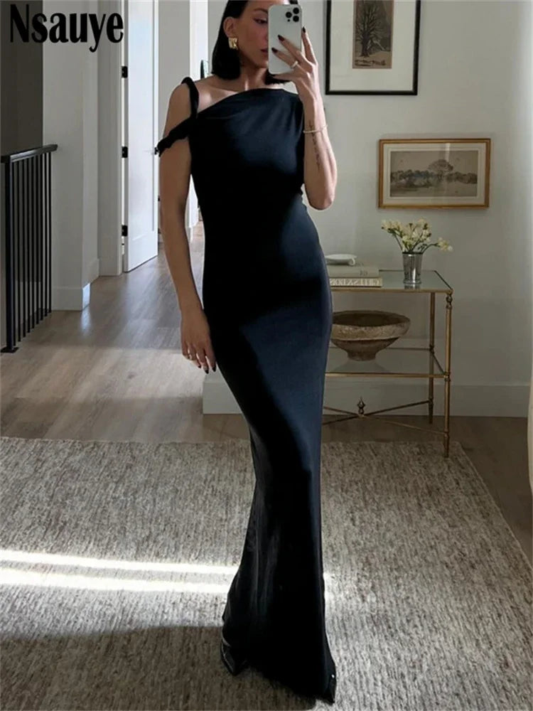 Nsauye Black Elegant Dress 2024 Women Off Shoulder Sleeveless Maxi Bodycon Summer Clothes Evening Night Party Club Dress Maxi