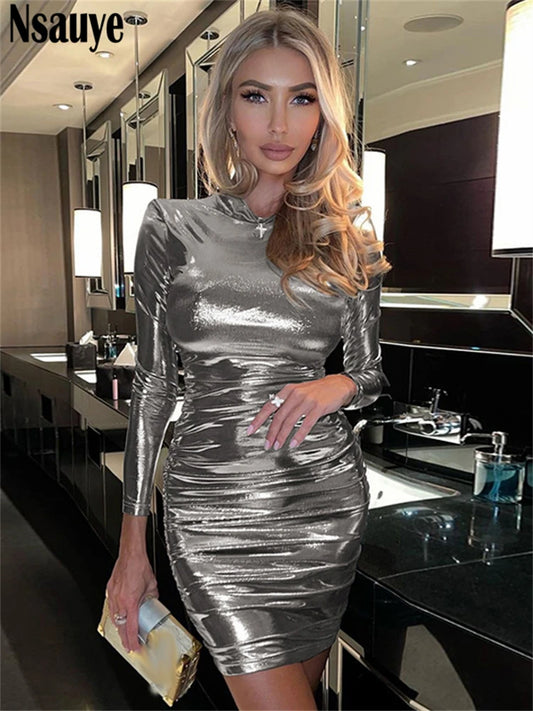 Nsauye Female Long Sleeve Chic Sexy Evening Night Club Black Party Dress Holiday Outfits 2024 Bodycon Short Fashion Ruched Dress