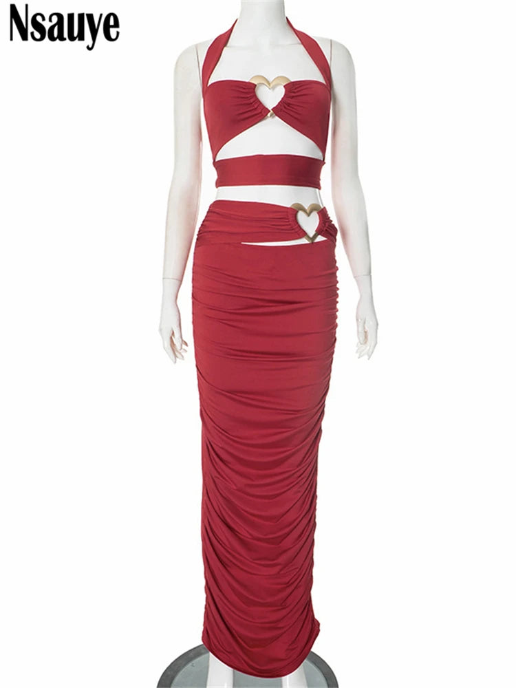 Nsauye 2025 Summer Women Hollow Out Sexy Club Party Halter Crop Tops + Long Ruched Fashion Skirt 2 Piece Matching Set Outfits