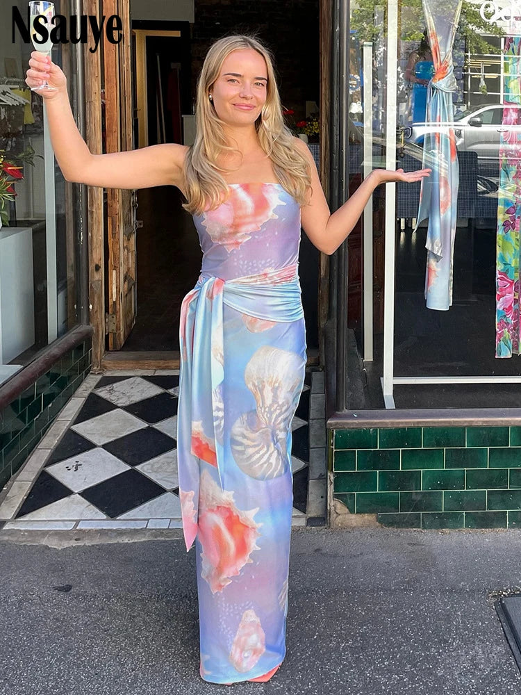 Nsauye Elegant Women Print Lace Up Strapless Tube Long Dresses 2025 Summer New Beach Party Sleeveless Backless Sexy Vestidos