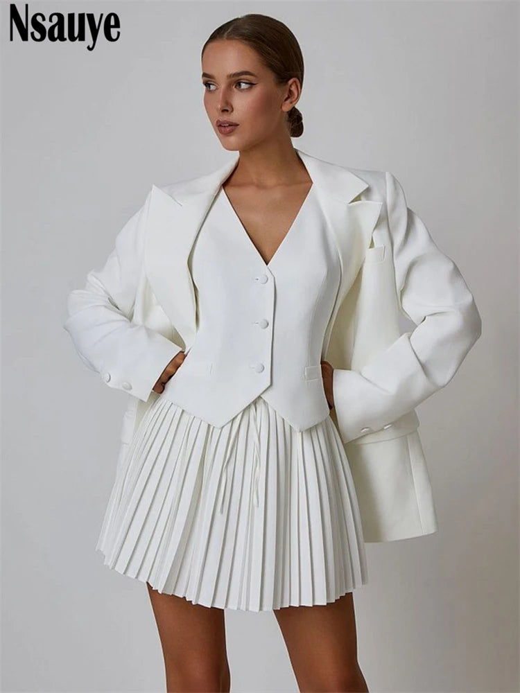 Nsauye Women Sexy Sleeveless Party Club Blazer Vest Tops And Mini Elegant Pleated Skirt Fashion Dress Summer Two Piece Set 2024