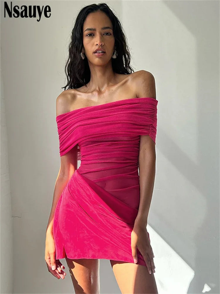 Nsauye Sexy Women Off Shoulder Mesh See Through Short Night Club Dress New Fashion Chic Elegant Evening Party Casual Dress 2024