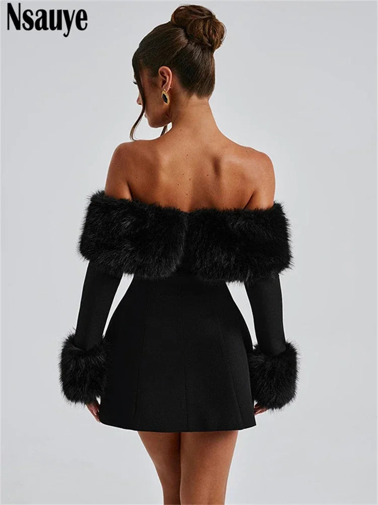 Nsauye Women Clothes Chic Fashion Sleeveless Faux Fur Sexy Black Club Evening Party Dress Long Sleeve Holiday Mini Elegant Dress