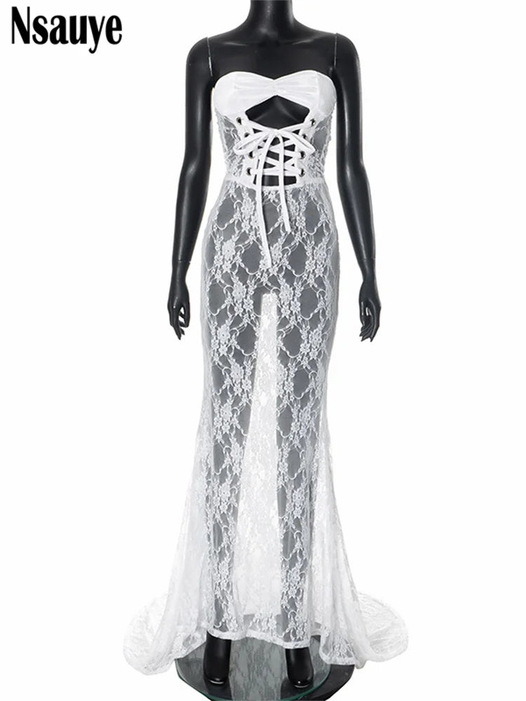 Nsauye Sexy Women Lace Up Fashion Hollow Out Elegant Corset Dress 2024 Winter Sleeveless Tube Maxi Long Club Party Holiday Dress