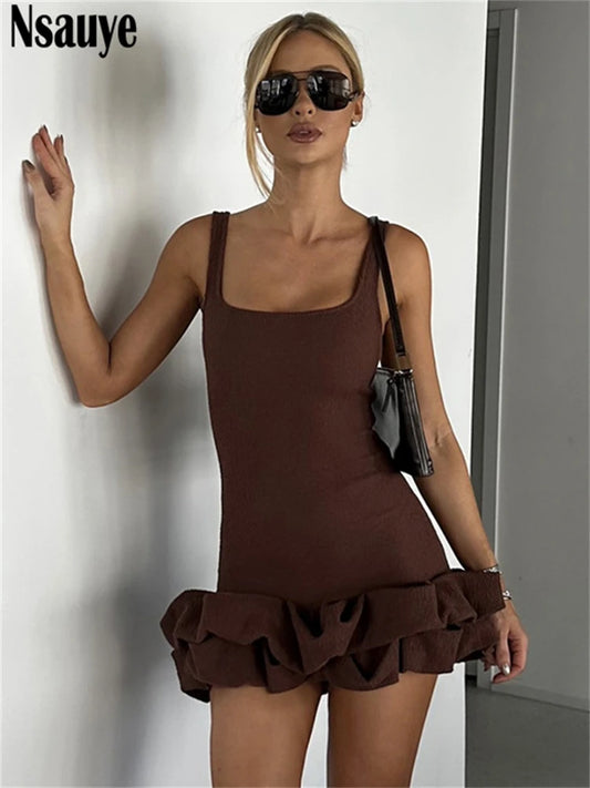 Nsauye Summer 2025 Mini Bodycon High Waisted Chic Elegant Sexy Basic Dress Women Short Ruffles Night Club Dress Evening Party