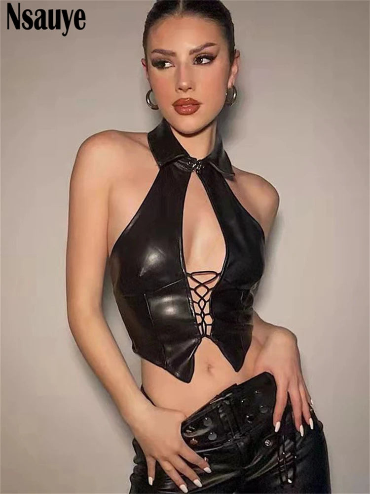 Nsauye Pullover Women 2025 Sexy Night Club PU Leather Fashion Mini Vest Tank Tops Sleeveless Y2K Summer Hollow Out Tank Tops